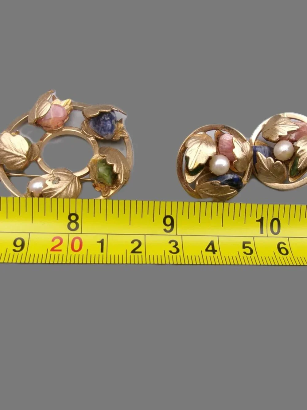 Vintage Lady Coventry Flowered Circle Brooch and Earrings Set, Stones and Pearls